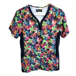 NWT Planet Koi Bright Tropical Print Scrub Top with Stretch Knit Sides Size S